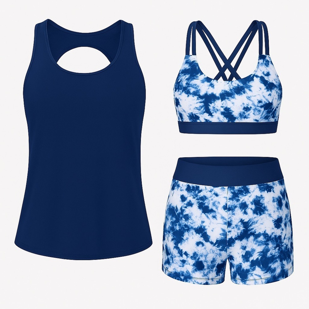 Tie-Dye Navy and White Bikini Set with Tank Cover-Up